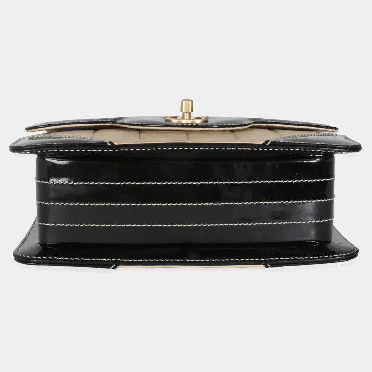 Pre Owned Chanel Vintage Beige Lambskin Black Patent Square Quilt Frame Flap Bag