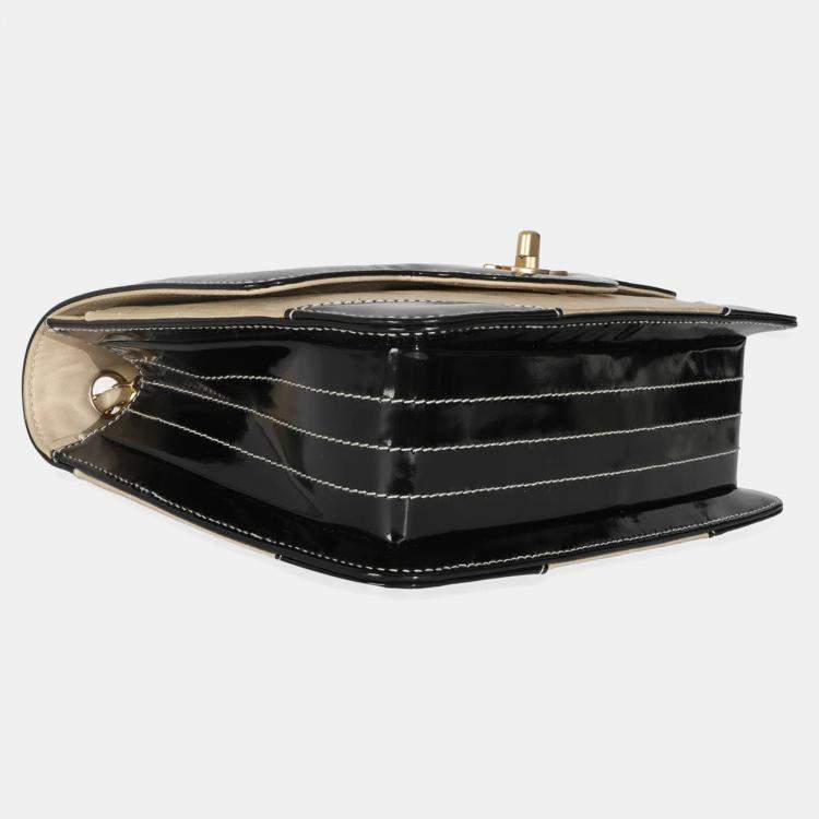 Pre Owned Chanel Vintage Beige Lambskin Black Patent Square Quilt Frame Flap Bag