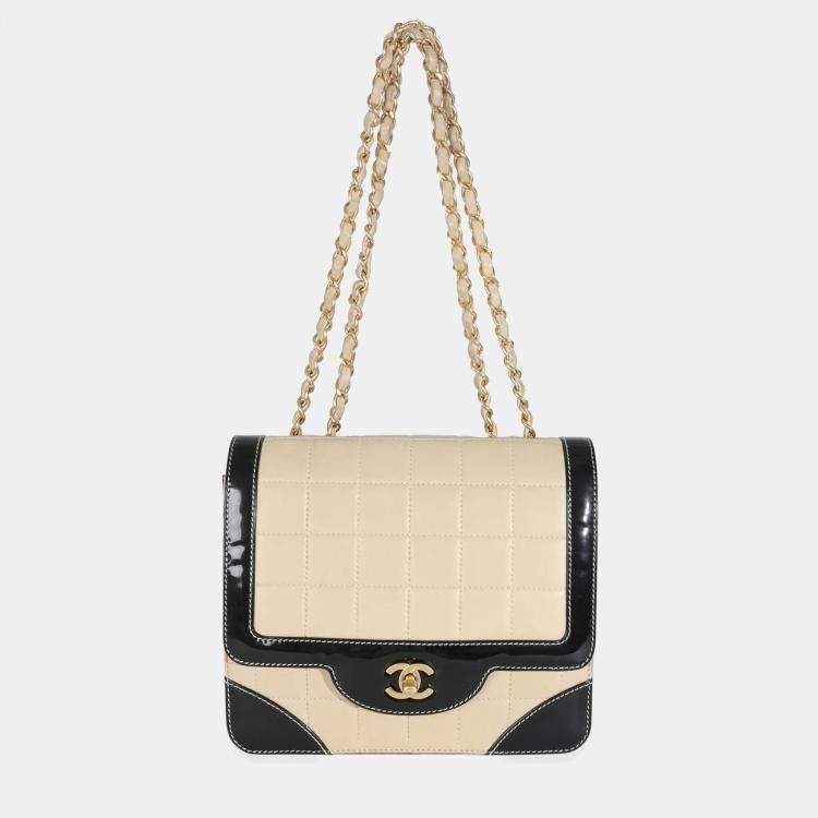 Pre Owned Chanel Vintage Beige Lambskin Black Patent Square Quilt Frame Flap Bag