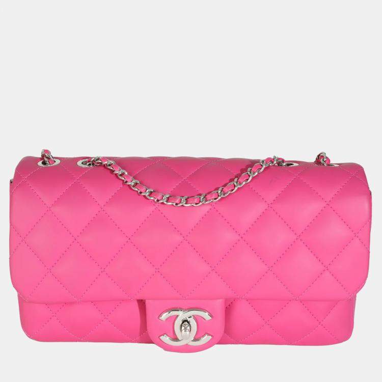Pre Owned Chanel Pink Rubber Quilted Lambskin Medium Coco Rain Flap Bag