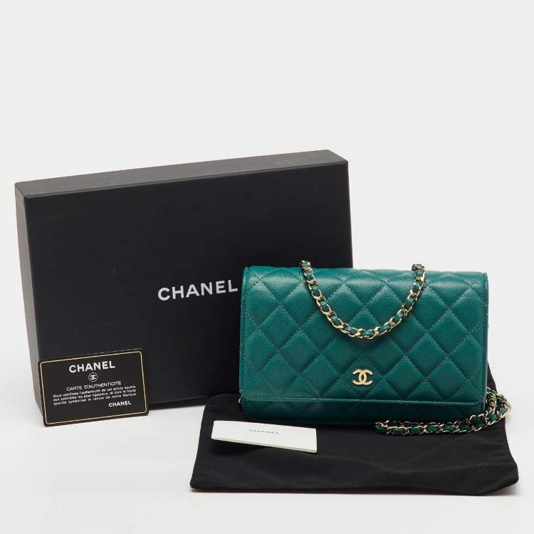 Pre Owned Chanel Teal Blue Quilted Caviar Leather Classic Wallet On Chain