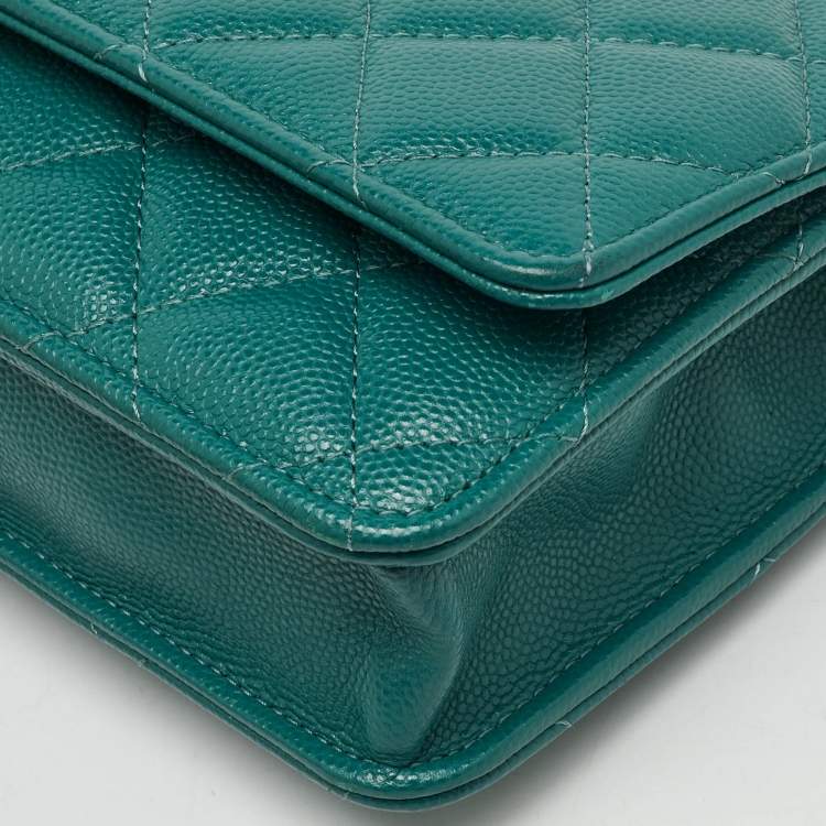 Pre Owned Chanel Teal Blue Quilted Caviar Leather Classic Wallet On Chain