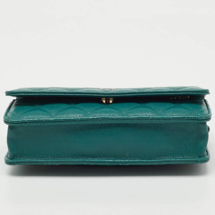Pre Owned Chanel Teal Blue Quilted Caviar Leather Classic Wallet On Chain