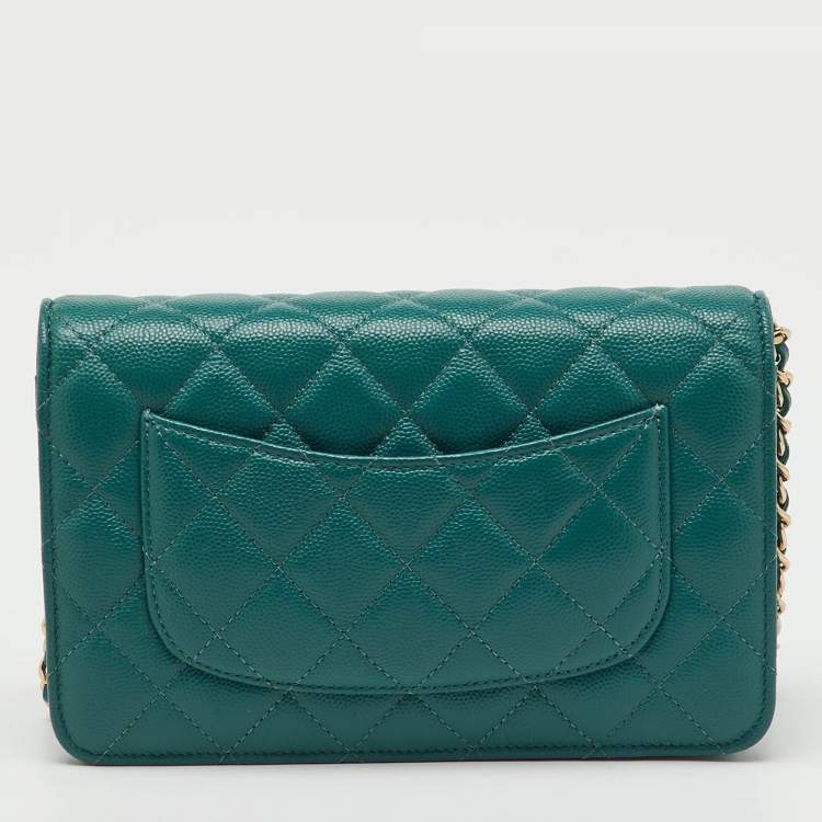 Pre Owned Chanel Teal Blue Quilted Caviar Leather Classic Wallet On Chain