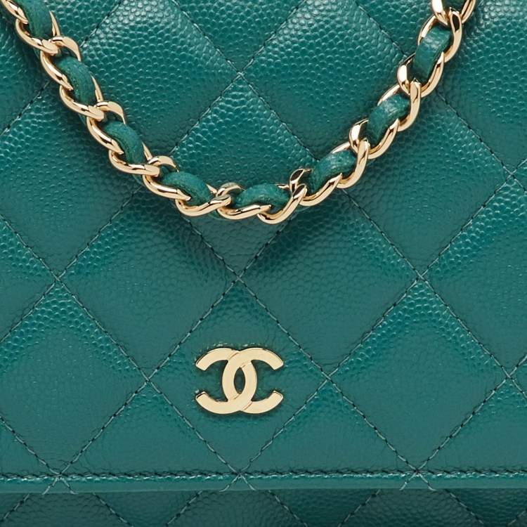 Pre Owned Chanel Teal Blue Quilted Caviar Leather Classic Wallet On Chain