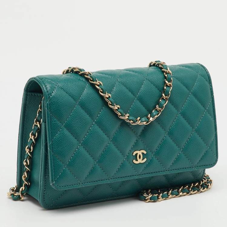 Pre Owned Chanel Teal Blue Quilted Caviar Leather Classic Wallet On Chain