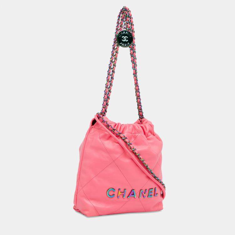 Pre Owned Chanel Pink Mini Shiny Calfskin Rainbow Hardware 22 Handbag