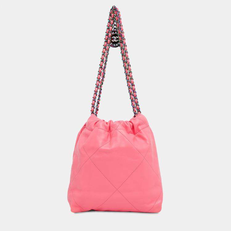 Pre Owned Chanel Pink Mini Shiny Calfskin Rainbow Hardware 22 Handbag
