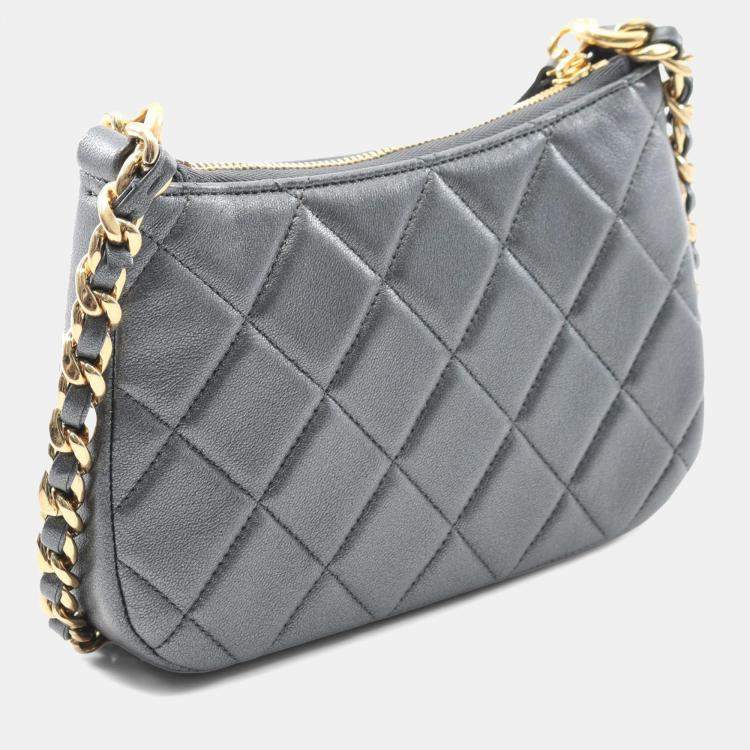 Pre Owned Chanel Grey CC Quilted Metallic Lambskin Charms Hobo