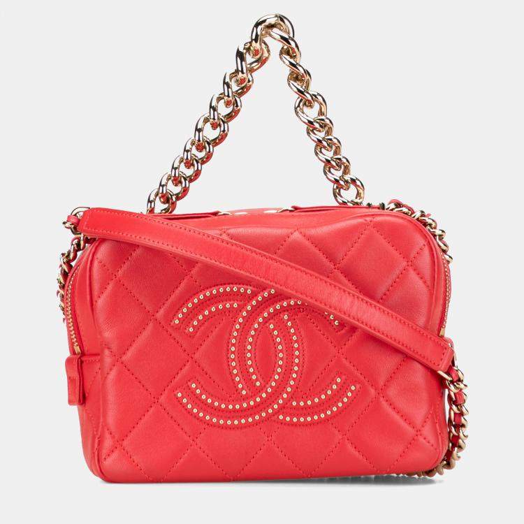 Pre Owned Chanel Red Quilted Lambskin Studded Beauty Begins Camera Bag