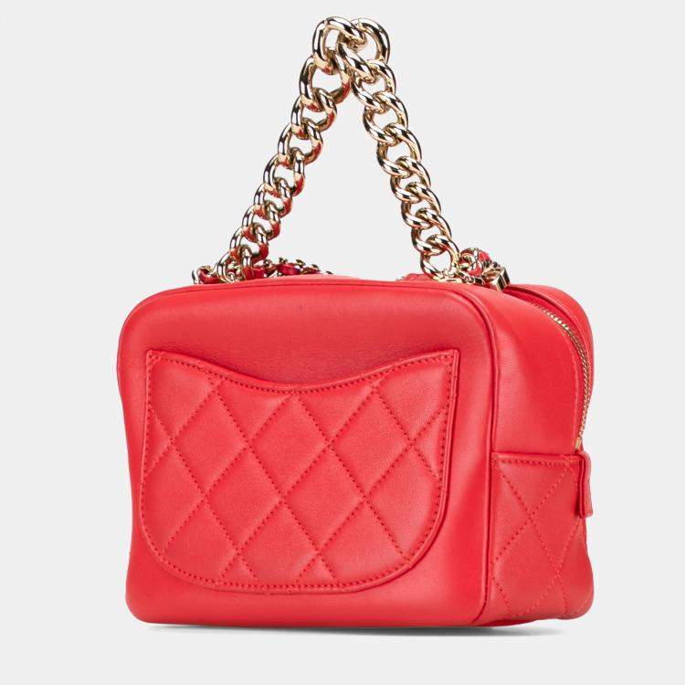 Pre Owned Chanel Red Quilted Lambskin Studded Beauty Begins Camera Bag
