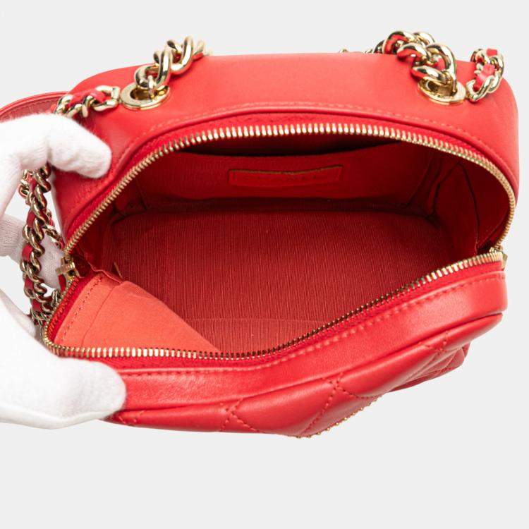 Pre Owned Chanel Red Quilted Lambskin Studded Beauty Begins Camera Bag