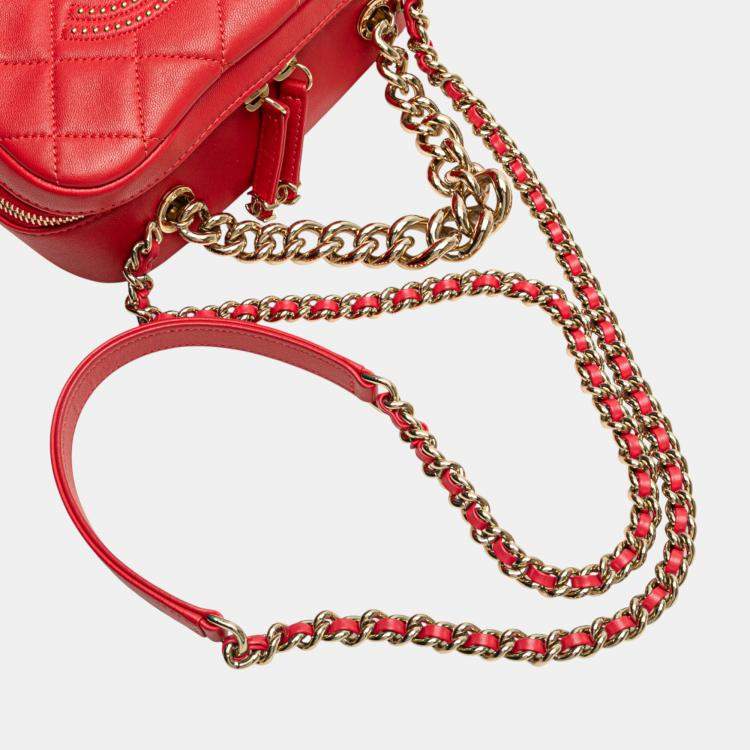 Pre Owned Chanel Red Quilted Lambskin Studded Beauty Begins Camera Bag