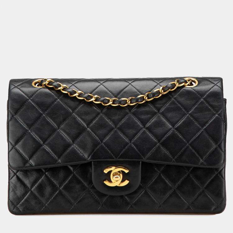 Pre Owned Chanel Black Medium Classic Lambskin Double Flap
