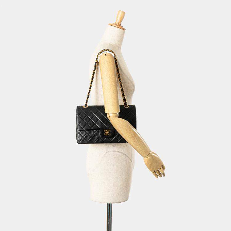 Pre Owned Chanel Black Medium Classic Lambskin Double Flap
