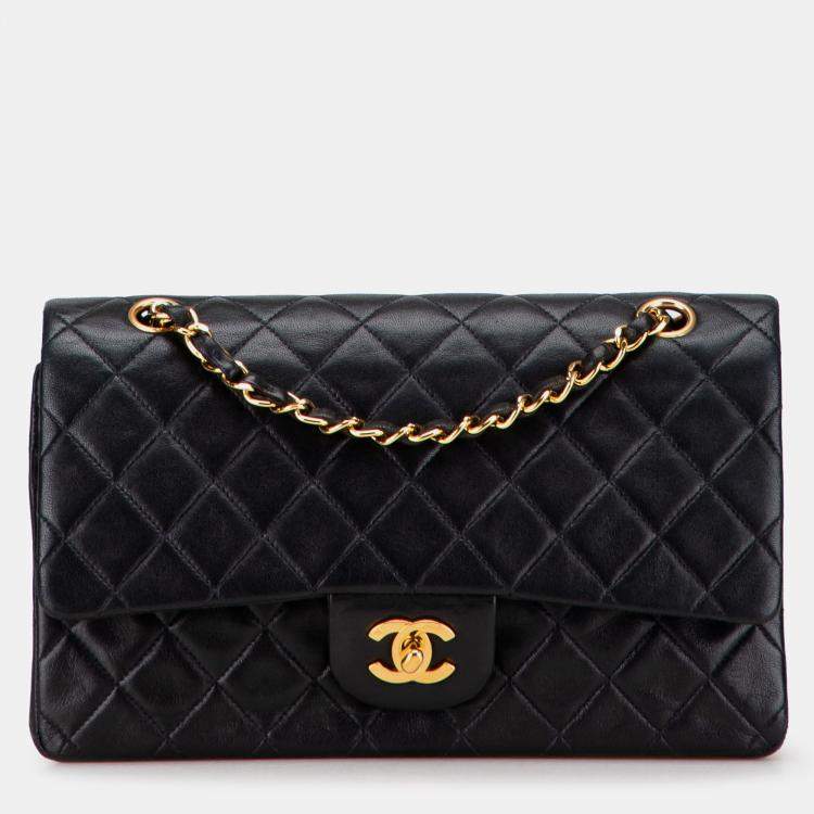Pre Owned Chanel Black Medium Classic Lambskin Double Flap