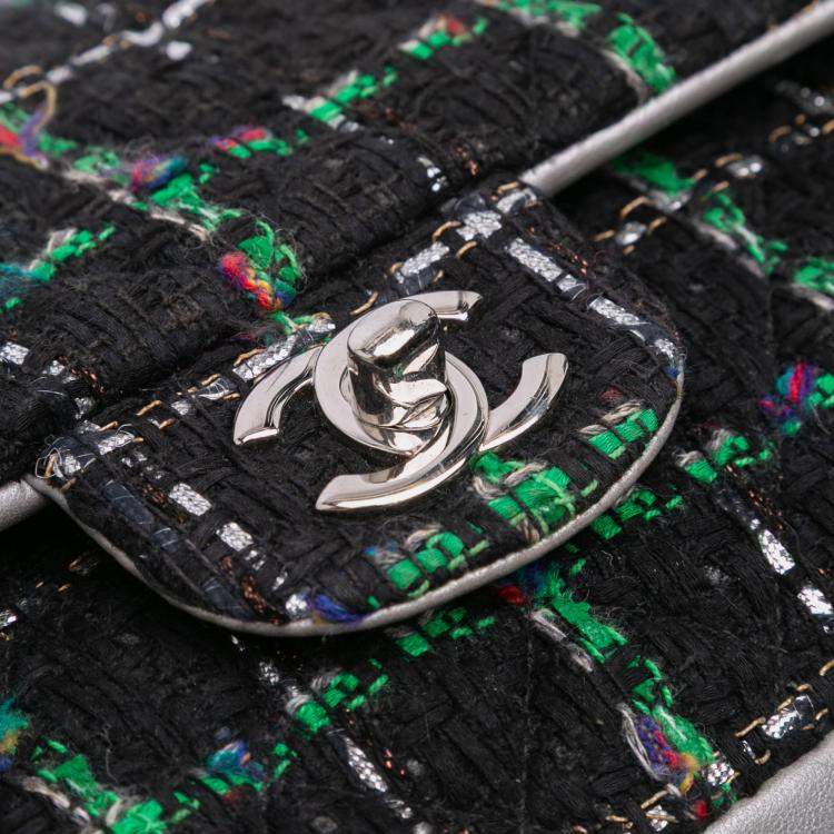 Pre Owned Chanel Black Medium Classic Quilted Tweed and Metallic Lambskin Double Flap