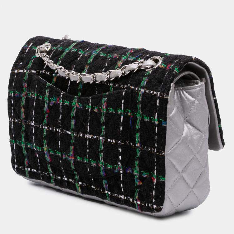 Pre Owned Chanel Black Medium Classic Quilted Tweed and Metallic Lambskin Double Flap