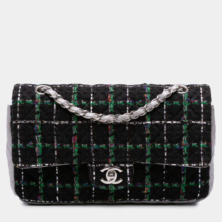 Pre Owned Chanel Black Medium Classic Quilted Tweed and Metallic Lambskin Double Flap
