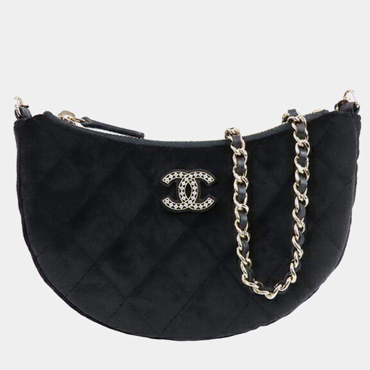Pre Owned Chanel Black CC Quilted Velour Half Moon Chain Crossbody
