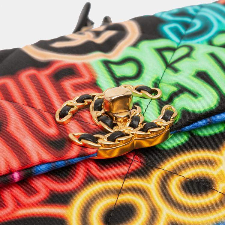 Pre Owned Chanel Black Multicolor Medium Printed Nylon Graffiti 19 Flap