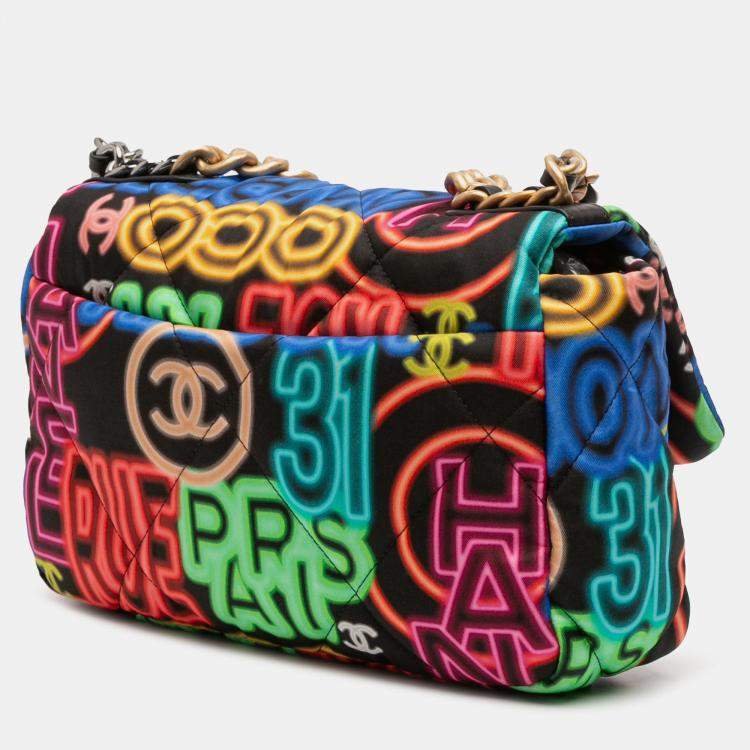 Pre Owned Chanel Black Multicolor Medium Printed Nylon Graffiti 19 Flap