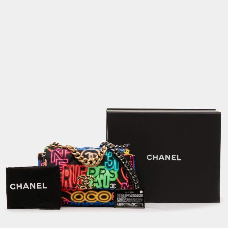 Pre Owned Chanel Black Multicolor Medium Printed Nylon Graffiti 19 Flap