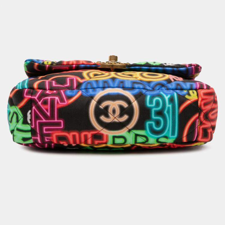 Pre Owned Chanel Black Multicolor Medium Printed Nylon Graffiti 19 Flap