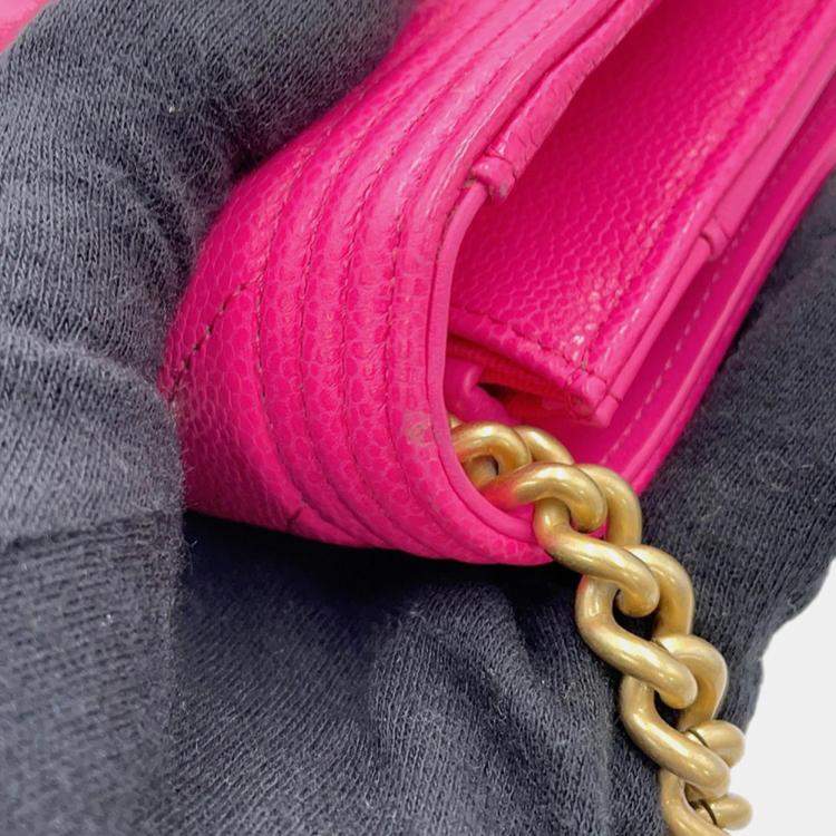 Pre Owned Chanel Boy'S Chanel Chevron Chain Wallet Pink Caviar Leather