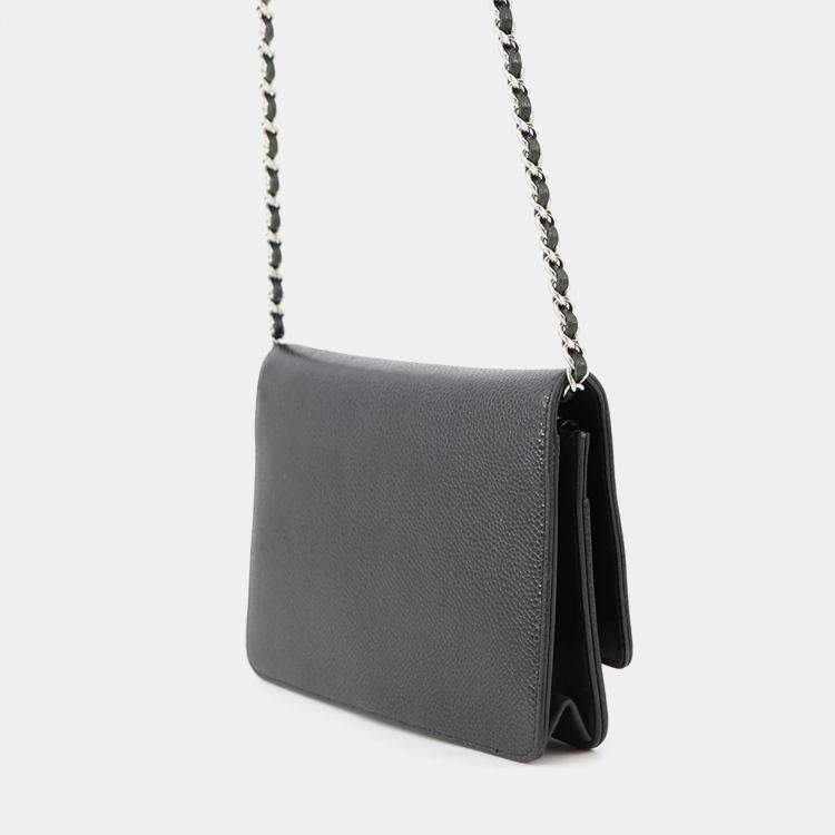 Pre Owned Chanel Cc Logo Chain Wallet Black Caviar Leather