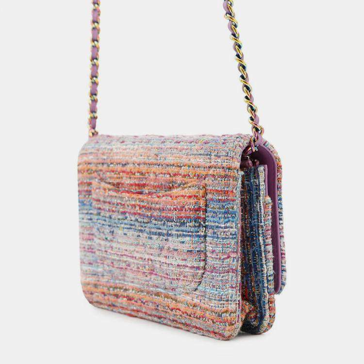 Pre Owned Chanel Chain Wallet Multicolor Tweed