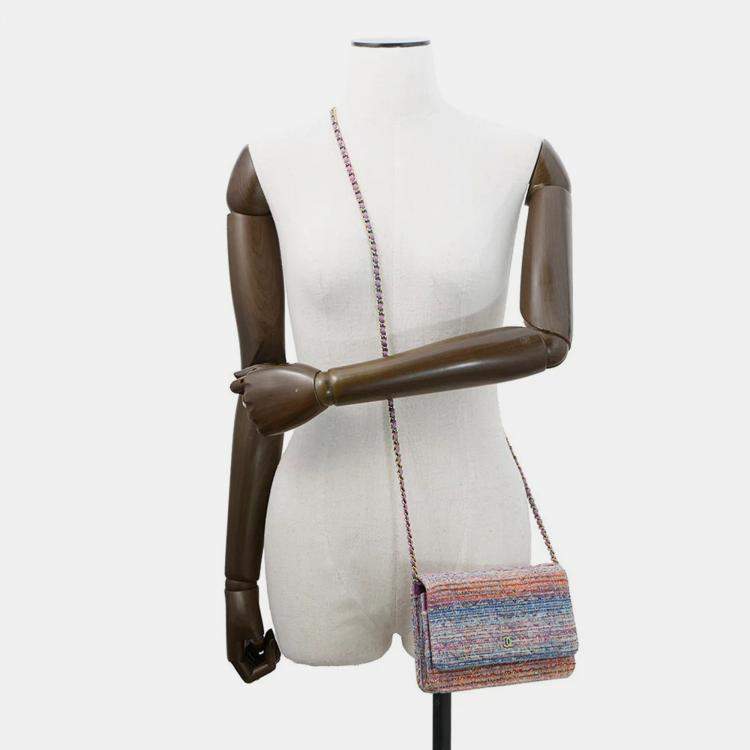 Pre Owned Chanel Chain Wallet Multicolor Tweed