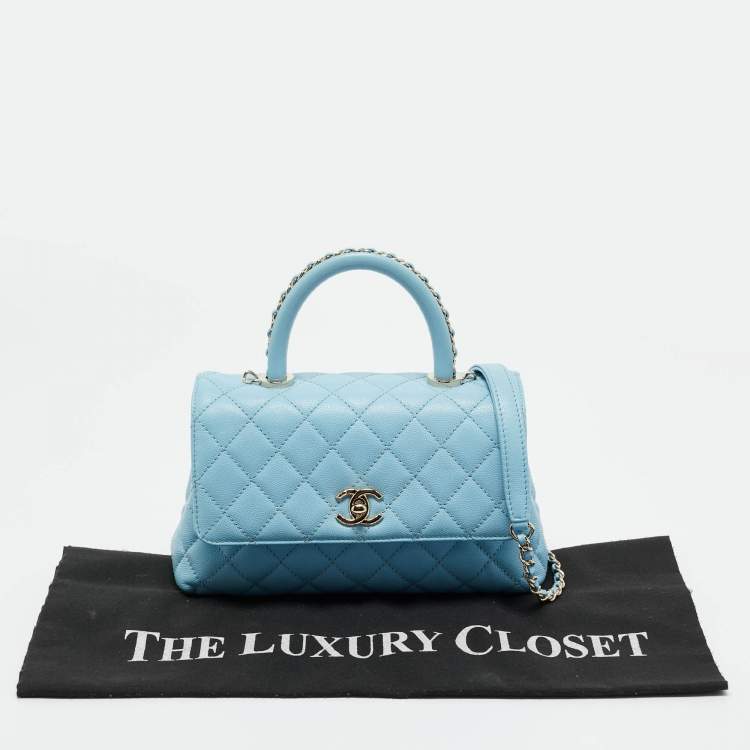 Pre Owned Chanel Light Blue Quilted Caviar Leather Mini Coco Top Handle Bag