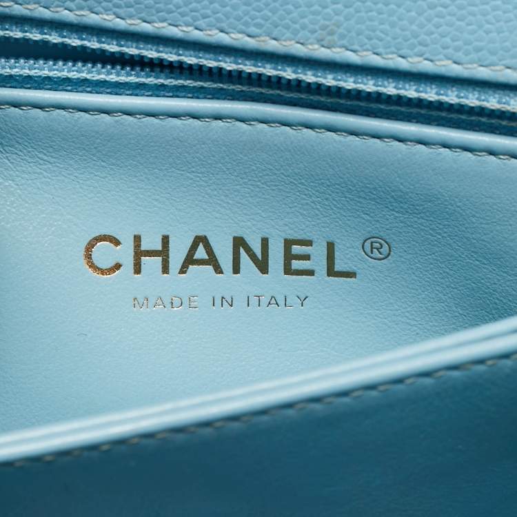 Pre Owned Chanel Light Blue Quilted Caviar Leather Mini Coco Top Handle Bag