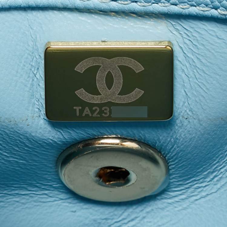 Pre Owned Chanel Light Blue Quilted Caviar Leather Mini Coco Top Handle Bag