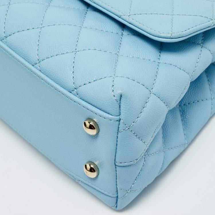 Pre Owned Chanel Light Blue Quilted Caviar Leather Mini Coco Top Handle Bag