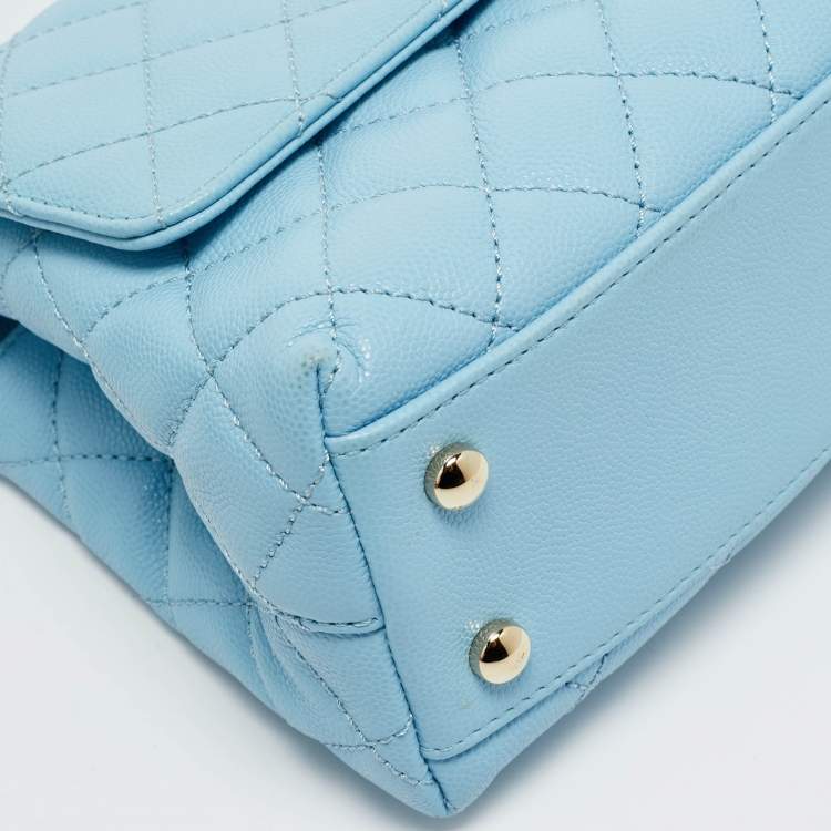 Pre Owned Chanel Light Blue Quilted Caviar Leather Mini Coco Top Handle Bag