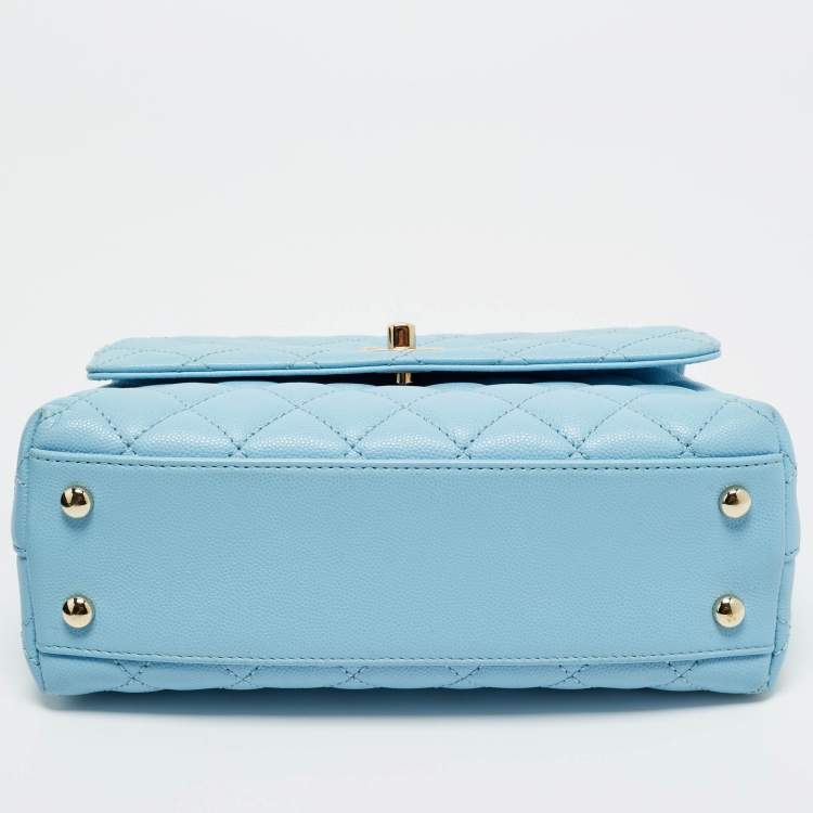 Pre Owned Chanel Light Blue Quilted Caviar Leather Mini Coco Top Handle Bag