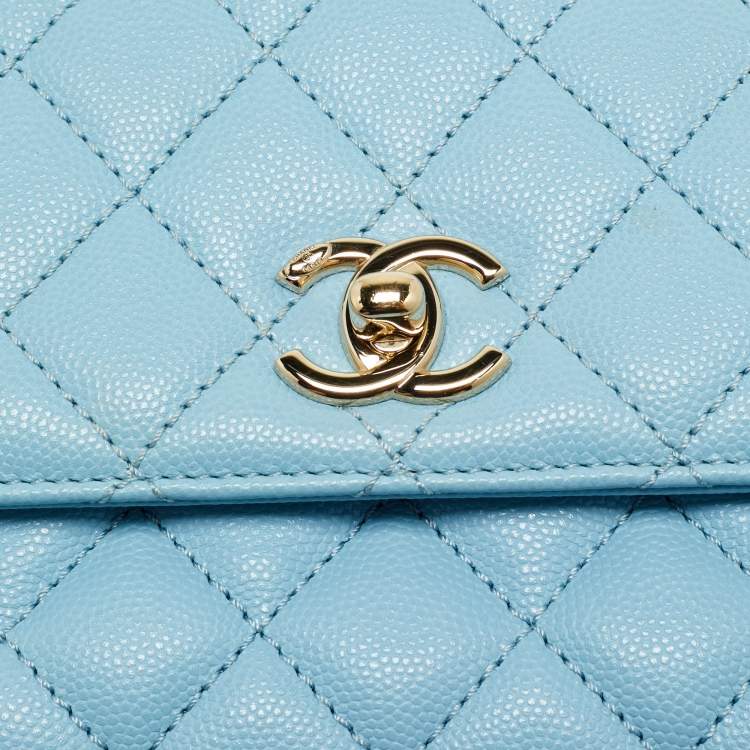 Pre Owned Chanel Light Blue Quilted Caviar Leather Mini Coco Top Handle Bag