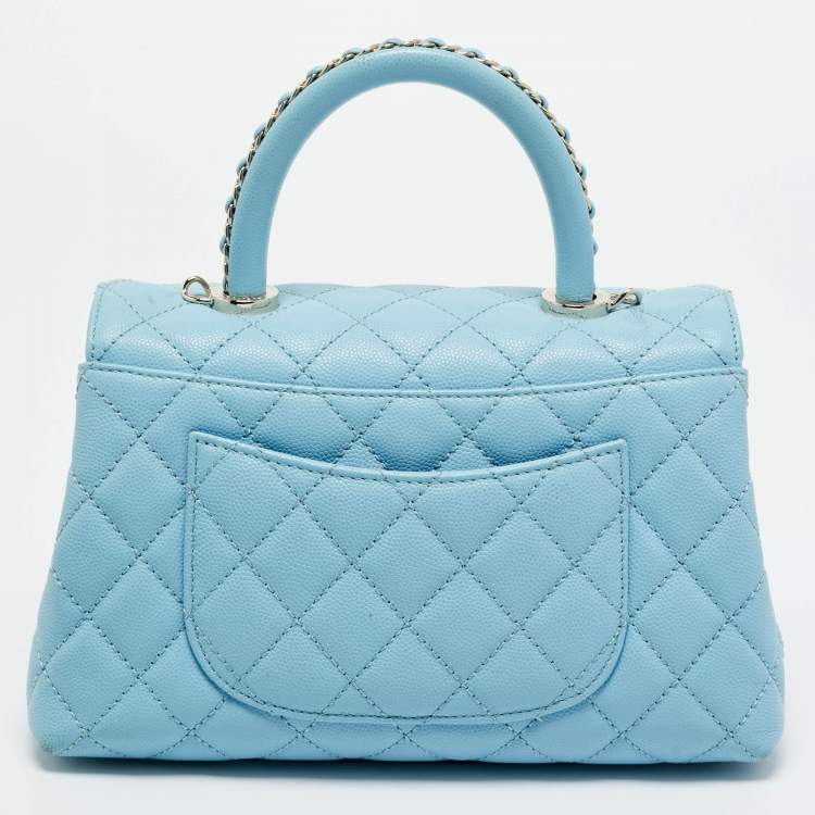 Pre Owned Chanel Light Blue Quilted Caviar Leather Mini Coco Top Handle Bag