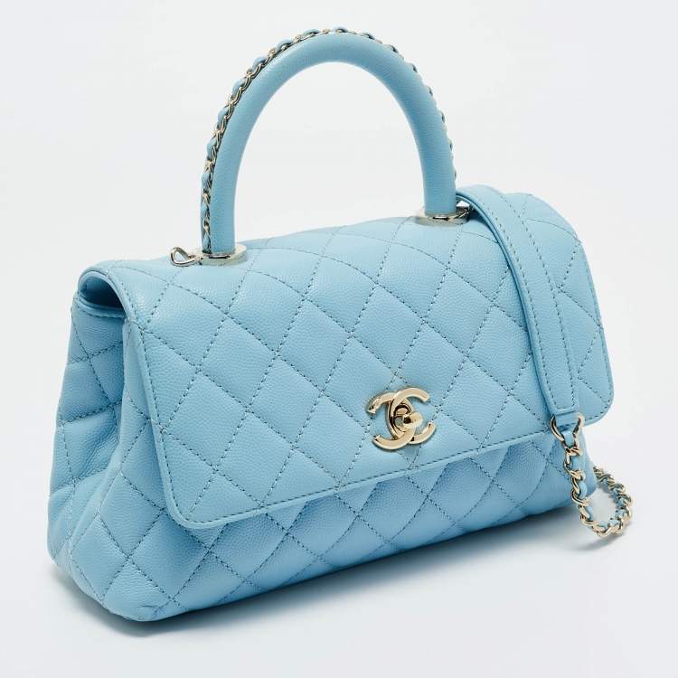 Pre Owned Chanel Light Blue Quilted Caviar Leather Mini Coco Top Handle Bag