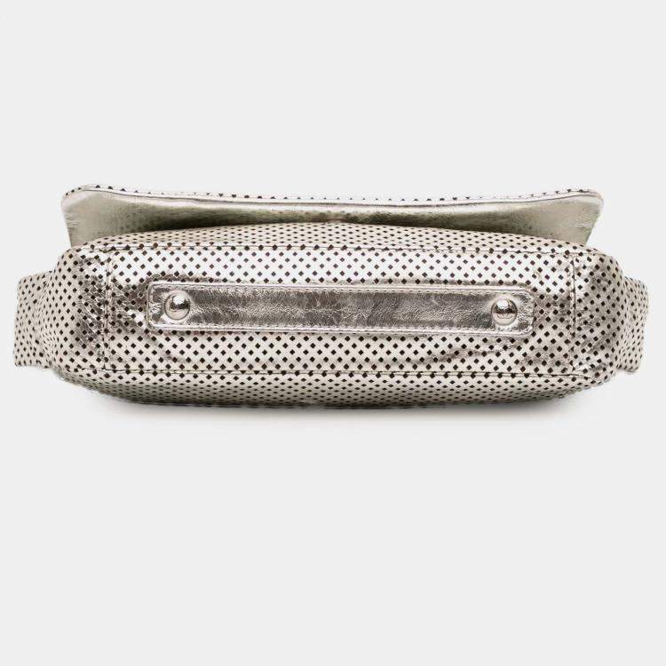 Pre Owned Chanel Silver Metallic Glazed Calfskin Perforated Rodeo Drive Flap