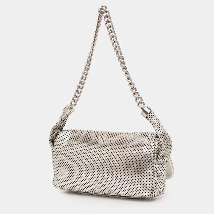 Pre Owned Chanel Silver Metallic Glazed Calfskin Perforated Rodeo Drive Flap