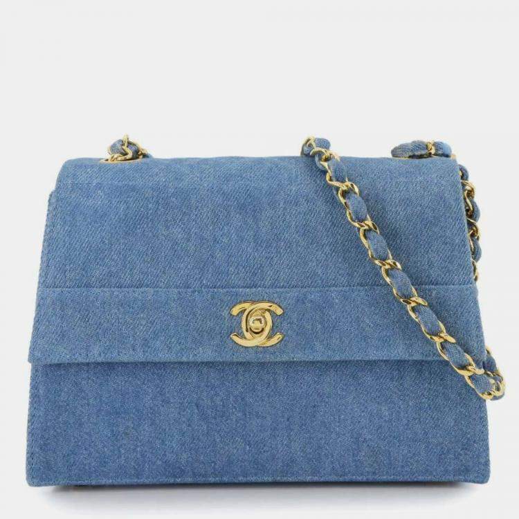 Pre Owned Chanel Straight Flap Blue Denim Shoulder Bag