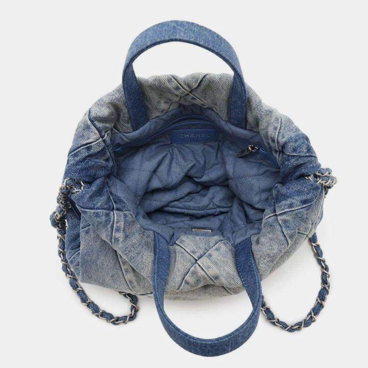 Pre Owned Chanel 22 Blue Quilted Denim Top Handle Backpack
