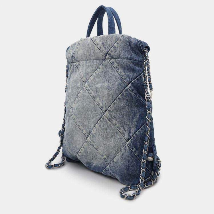 Pre Owned Chanel 22 Blue Quilted Denim Top Handle Backpack