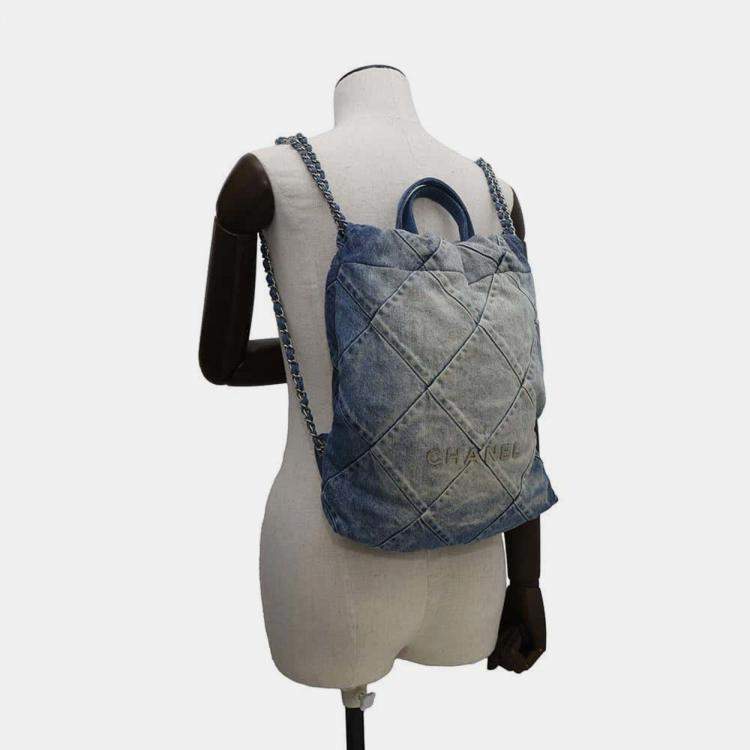 Pre Owned Chanel 22 Blue Quilted Denim Top Handle Backpack