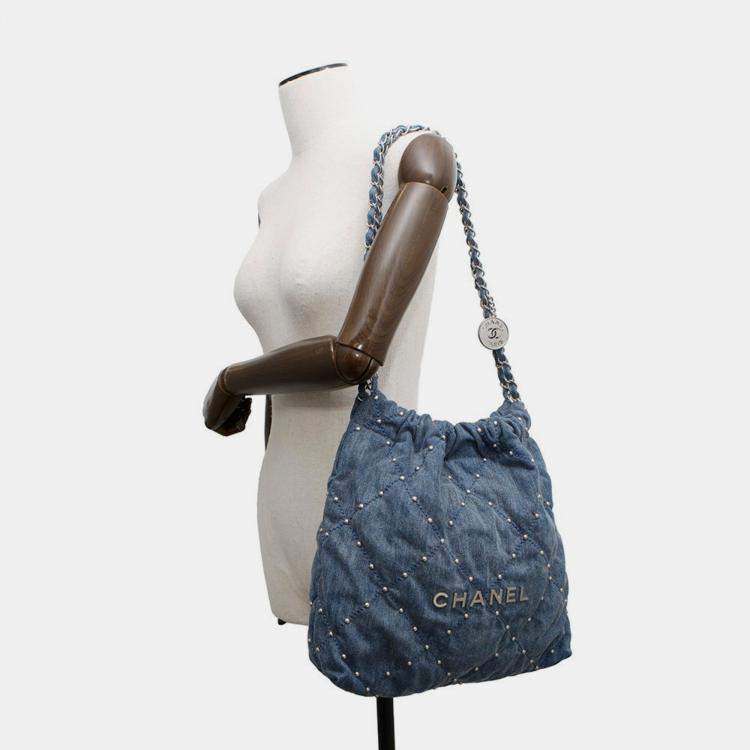Pre Owned Chanel 22 Small Blue Denim Hobo Bag