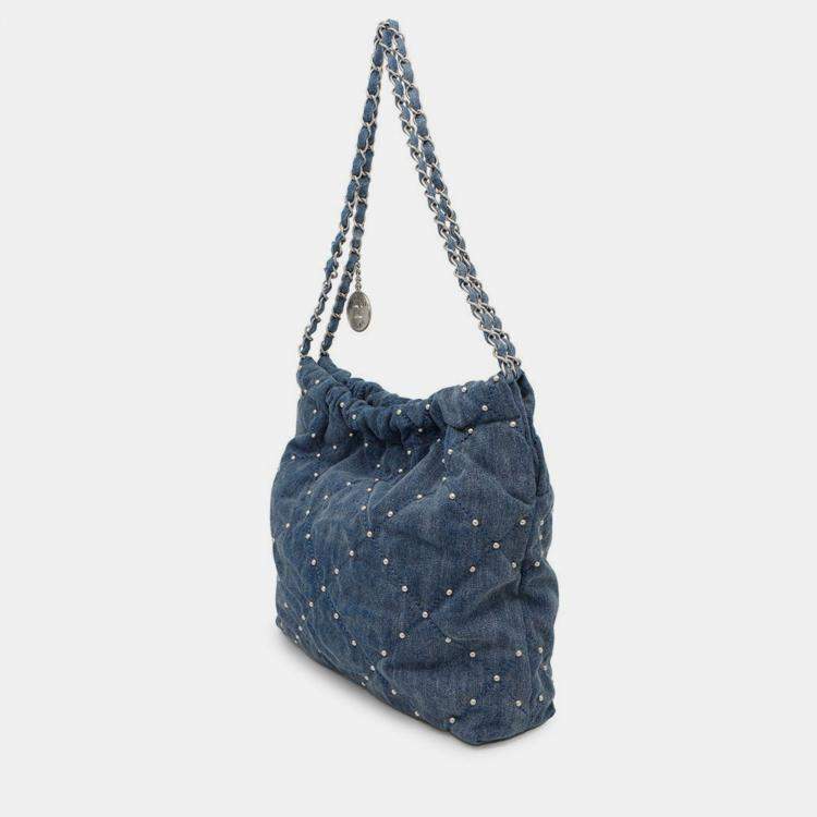 Pre Owned Chanel 22 Small Blue Denim Hobo Bag