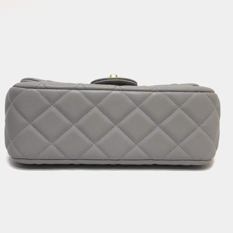 Pre Owned Chanel Lady Handle Small Grey Calfskin Quilted Clutch With Chain